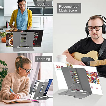 Honagu Metal Desk Book Holder, Hands Free Adjustable Cookbook & Document Holder, Portable Bookstand for Music Books, Textbooks, Recipes, Tablets & iPads (Grey) - color: Grey
