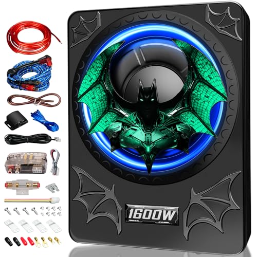 1600W Car Subwoofer, 10" Ultra-Thin Powered Under-Seat Subs with Built-in Amplifier, (LPF/Gain/Bass Boost) LED Ambient Lights, Independent Bass Knob, Distortion-Free Deep Bass for Most Vehicles - color: Green BF