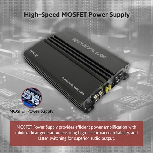 Rockville RVF-2 4-Channel Car Amplifier, 1200W Peak/300W RMS, Class-AB, MOSFET, Adjustable Crossover, Bass EQ, Perfect for Subwoofers and Car Audio | MOSFET Power Supply, Adjustable Crossover, 12dB Bass EQ, IC Protection, Soft Start, 2 Ohm Stable, LP/HP F