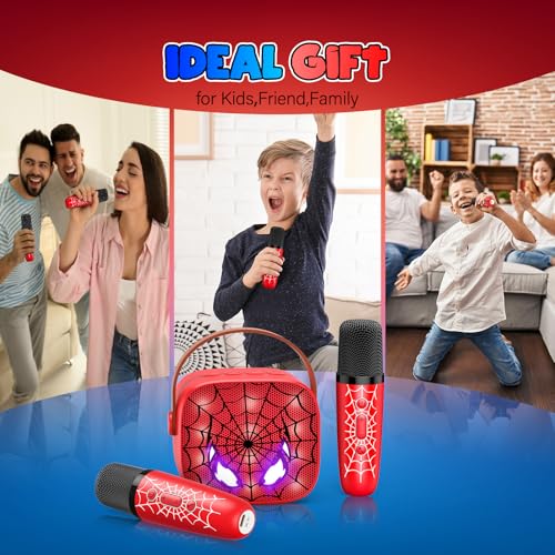 Mini Karaoke Machine Toys Gifts: Kids Toys Birthday Gifts for 4 5 6 7 8 9 Years Old Girl Boy LED Portable Bluetooth Speaker with 2 Wireless Microphone Girl Gift Age 3-12+ - color: Red