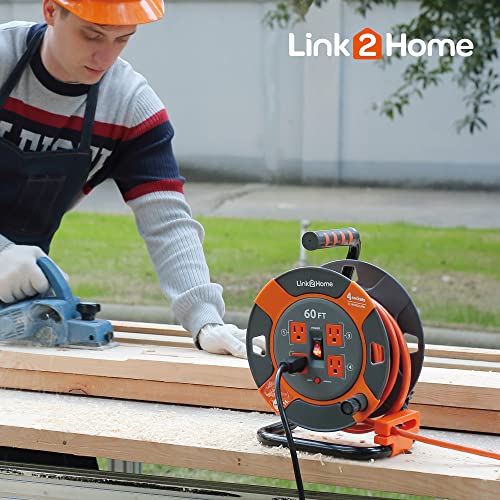 Link2Home 60 Ft. Extension Cord Reel, 4 Power Outlets, 14 AWG SJTW | Heavy-duty cable, high-visibility jacket, ideal for job sites and garages - size: 60 feet