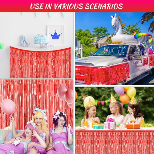2 Pack 29.5x108 Inch Red Foil Tinsel Fringe Table Skirts, Disposable Table Skirts for Rectangle Tables Curtains Backdrop Parade Wedding Floats Baby Shower Birthday Mardi Gras Party - color: Red
