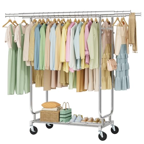 Heavy Duty Rolling Clothes Rack, 620 LBS Load Double Rod Adjustable Garment Rack with Storage Shelf, Portable Clothing Rack for Hanging Clothes for Bedroom, Laundry Living Room, Silver, 15.7"W - color: Silver