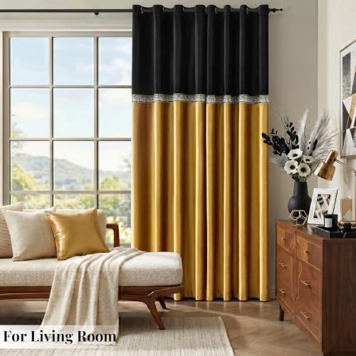 GIGIZAZA Velvet Curtains 84 Inch for Living Room 2 Panels Black Gold - color: Black+gold, size: 52"W x 84"L (Pack of 2)