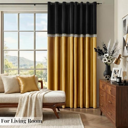 GIGIZAZA Velvet Curtains 84 Inch for Living Room 2 Panels Black Gold - color: Black+gold, size: 52"W x 84"L (Pack of 2)