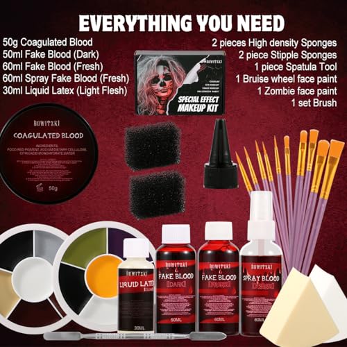 Bowitzki Professional SFX Makeup Kit – Special Effects Makeup Kit with Fake Blood, Coagulated Blood, Liquid Latex, Bruise & Zombie Face Paint for Halloween, Cosplay, Horror FX, Theater