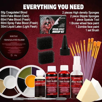 Bowitzki Professional SFX Makeup Kit – Special Effects Makeup Kit with Fake Blood, Coagulated Blood, Liquid Latex, Bruise & Zombie Face Paint for Halloween, Cosplay, Horror FX, Theater
