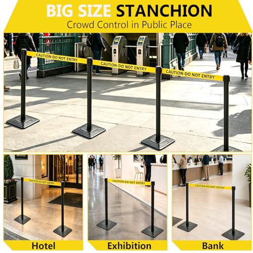 4 Pack Crowd Control Stanchions with 10FT Retractable Yellow Belt – 41" Black Queue Barriers with Heavy Rubber Base (Belt Printed “Caution-Do Not Enter”) for Hotel, Airport, Bank, Store, Event - color: CAUTION-DO NOT ENTER BELT