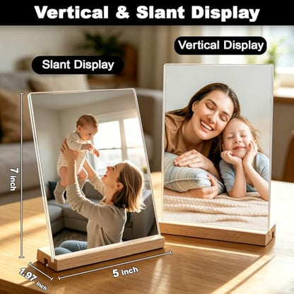 Daletu Acrylic Sign Holder 5x7 with Wood Base | 3 Packs Acrylic Tabletop Display Stand, 2 in 1 Vertical or Slant Clear Plastic Sign Frame Holder for Flyer, Menu, Retail, Buffet, Vendor, Wedding, Party - size: 3PCS (5"x7"