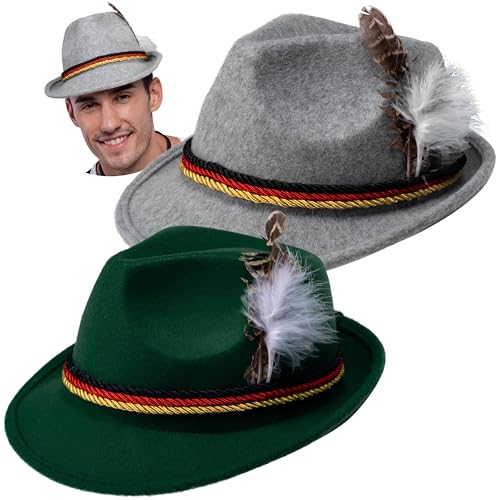 Spooktacular Creations Oktoberfest Hats, 2 PCS German Oktoberfest Costume Accessories Set, Green Gray Felt Fedora Retro Hats for Adults Bavarian Alpine Halloween Dress Up, RolePlay Party - color: Green+gray