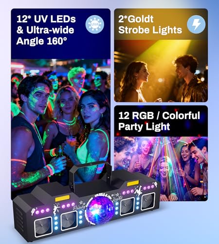 DJ Lights for Parties, Pro 8 in 1 DMX512 Laser Light Show with Disco Ball Light, RGB and Gold Strobe,UV Black Lights-Sound Activated LED Lighting for Home, Karaoke, Clubs, Gigs, and DJ Lighting