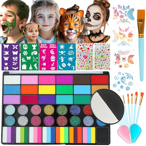 Face Painting Kit , 42 Colors Professional Face Paint Makeup Kit Non-Toxic Water Activated Facepaint Palette with Brush, Stencil, Sponge, Gem, for Party Halloween (42 Colors kit+Black White) - color: 42 Colors + Black and White