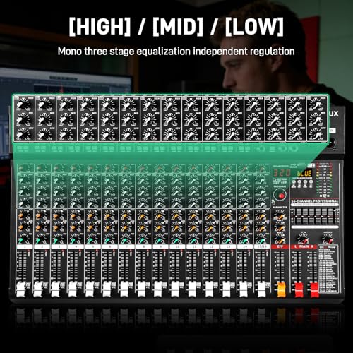 Audio Mixer 16 Channel Professional Sound Console Music Mixer with 320 DSP Effects, 7-band EQ DJ Mixing Board w/USB, Bluetooth, 48V Power Supply, PAD Button for Recording Karaoke PA Drum Live - size: 16 Channel - 21.8in