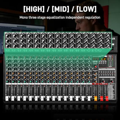 Audio Mixer 16 Channel Professional Sound Console Music Mixer with 320 DSP Effects, 7-band EQ DJ Mixing Board w/USB, Bluetooth, 48V Power Supply, PAD Button for Recording Karaoke PA Drum Live - size: 16 Channel - 21.8in