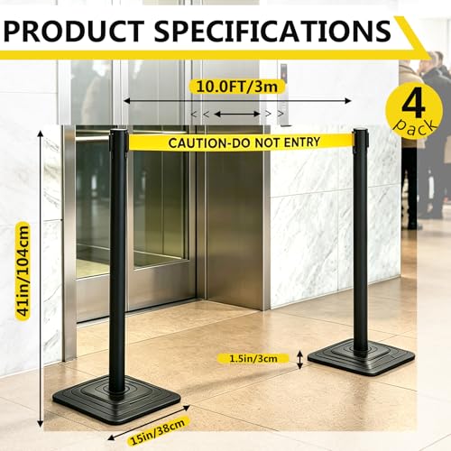 4 Pack Crowd Control Stanchions with 10FT Retractable Yellow Belt – 41" Black Queue Barriers with Heavy Rubber Base (Belt Printed “Caution-Do Not Enter”) for Hotel, Airport, Bank, Store, Event - color: CAUTION-DO NOT ENTER BELT