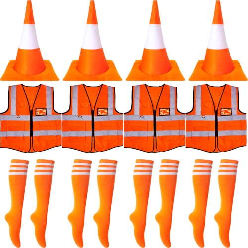 12 Pcs Halloween Traffic Cone Costume Accessories Set with 3 Orange Cone Hats 3 Reflective Vests and 3 Pairs Striped Socks Adult Traffic Construction Costume for Halloween Group Party Cosplay