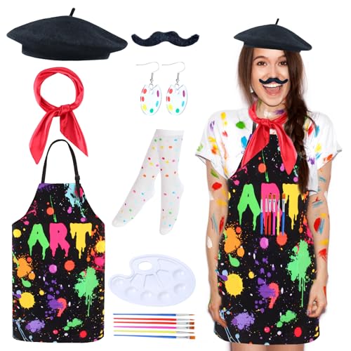 Kyson Artist Costume for Adult 8 Pcs Painter Halloween Dress Up with Beret Apron Palette Paint Brushes Earrings Bandana Beard - color: Black Art Apron