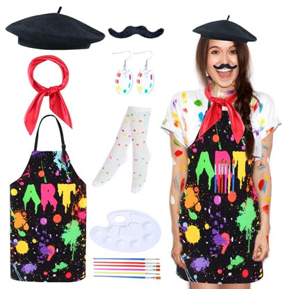 Kyson Artist Costume for Adult 8 Pcs Painter Halloween Dress Up with Beret Apron Palette Paint Brushes Earrings Bandana Beard - color: Black Art Apron