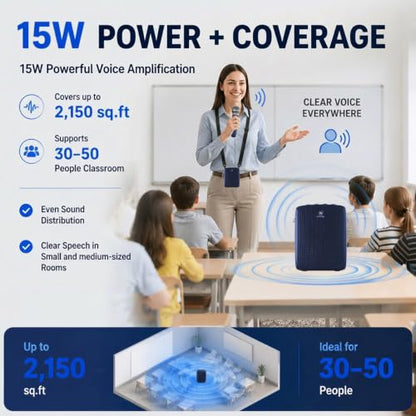WinBridge Voice Amplifier with Wireless Mic for Teachers Blue WB009 | 15W Powerful Pa System,Bluetooth with 50ft Range, 12–15hr Battery, Dual Voice+Music Mode, Portable Lightweigh,Mute Control - color: Blue