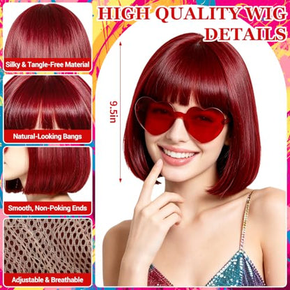 Short Bob Straight Hair Wigs with Bangs, Synthetic Fiber Colorful Hair, Heart-shaped Sunglasses for Women (Burgundy) - color: Burgundy