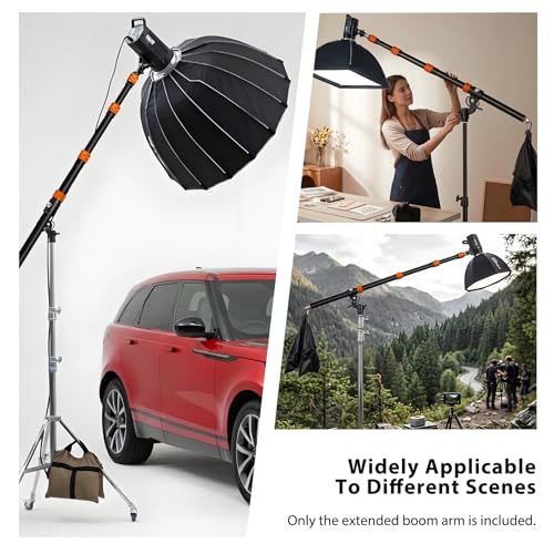 Extension Boom Arm, 21.2"-64" Adjustable Telescoping Arm for Light Stand | 360° Rotation & 135° Tilt, Rear Hook with Sandbag, Quick Lock Knobs and 1/4"-3/8" Screw for Flexible Studio Lighting - color: Orange