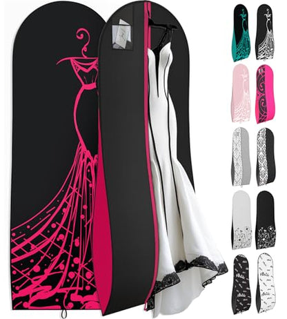 Your Bags Women’s Dress and Gown Garment Bag -72”x24” and 10” Tapered Gusset Prom Bags (Pink & Black Dress Print) - color: Pink & Black Dress Print