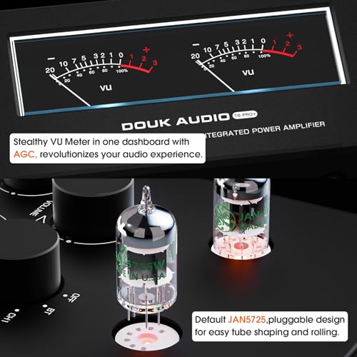 Douk Audio Bluetooth Tube Amp: 300W x2 TPA3255 2 Channel Stereo Power Amplifier – Dual VU Meters & Super Bass – for Home Theater & Hi-Fi Systems (T6 PRO)