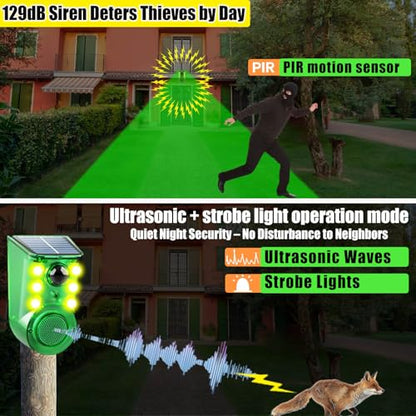 Solar Outdoor Motion Sensor Alarm - Ultrasound & Alarms 129db Motion Detector Loud Noise Maker,Strobe Light,for Home, Villa,Yard,Chicken coop,Farm,Barn.4 Work Modes.Say Goodbye to The Intruders 1Pack