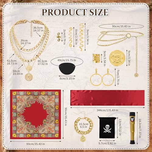 38PCS Pirate Accessories for Women - Captain Costume Set with Telescope, Gold Coins, Jewelry, Sash, Bandana & Eye Patch - Complete Halloween Cosplay Dress Up Kit for Ladies