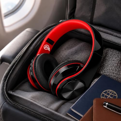 Hybrid Noise Cancelling Headphones, Wireless Bluetooth Over-Ear, Black with Color Accents, Built-in Mic, HiFi Stereo Sound, Foldable Design- Headset (Red) - color: Red