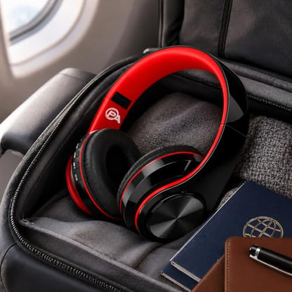 Hybrid Noise Cancelling Headphones, Wireless Bluetooth Over-Ear, Black with Color Accents, Built-in Mic, HiFi Stereo Sound, Foldable Design- Headset (Red) - color: Red