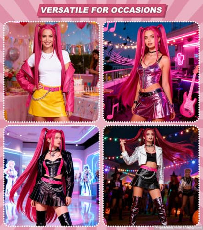 Hot Pink Cosplay Wig for Adults, Long Straight Wig with 2 Ponytails | Long hot pink synthetic hair wig for anime cosplay, Halloween, carnival, costume parties, and adult dress-up looks. - color: Pink