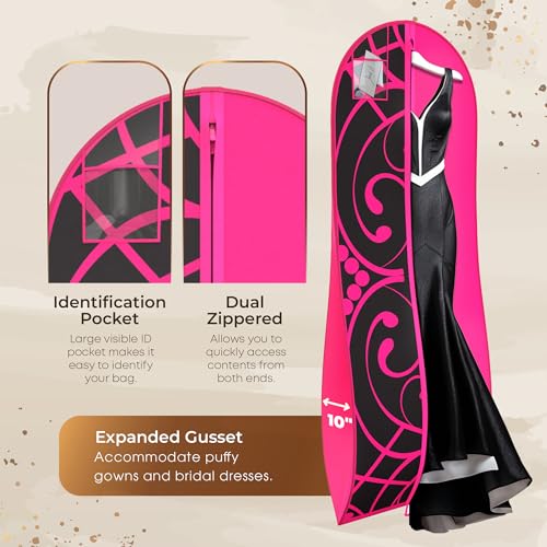 Your Bags Women’s Dress and Gown Garment Bag -72”x24” and 10” Tapered Gusset Prom Bags (Hot Pink and Black Tiara Panel) - color: Hot Pink and Black Tiara Panel