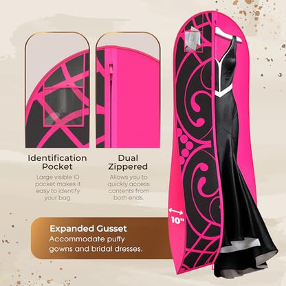Your Bags Women’s Dress and Gown Garment Bag -72”x24” and 10” Tapered Gusset Prom Bags (Hot Pink and Black Tiara Panel) - color: Hot Pink and Black Tiara Panel