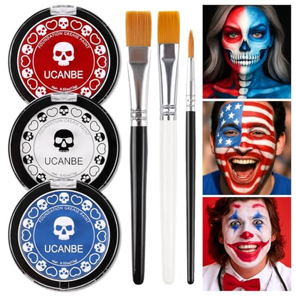 US Flag Red White Blue Joker Face Body Paint with Brushes for Halloween & 4th of July USA Independence Day America’s Patriotic Parades, Face Painting Kit for Adults Devil Dress-Up Costume Cosplay - color: Royal Blue+White+Red