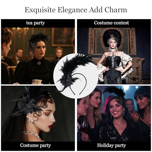 Loieryk Feathers Fascinator Headband 1920s Queen Headpiece Fascinators Hats for Women Tea Party Flower Headpiece - color: Black