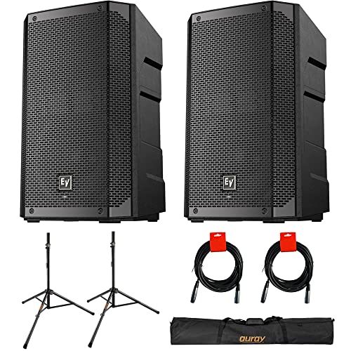 Electro-Voice ELX200-10P 10" 2-Way 1200W Powered Speaker (Pair) Bundle with Auray SS-47S-PB Steel Speaker Stands with Carrying Case and 2X XLR-XLR Cables