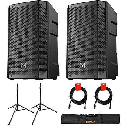 Electro-Voice ELX200-10P 10" 2-Way 1200W Powered Speaker (Pair) Bundle with Auray SS-47S-PB Steel Speaker Stands with Carrying Case and 2X XLR-XLR Cables