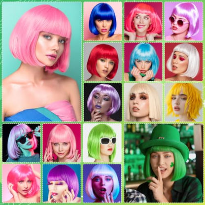 Short Bob Straight Hair Wigs with Bangs, Heat Resistant Fiber Hair, Star-shaped Glasses for Women (Green) - color: Green