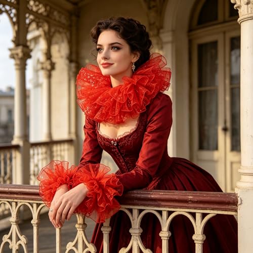 Renaissance Victorian Ruffle Collar and Wrist Cuffs Set Organza Colonial Clown Choker Neck Collar Cuff - color: Red
