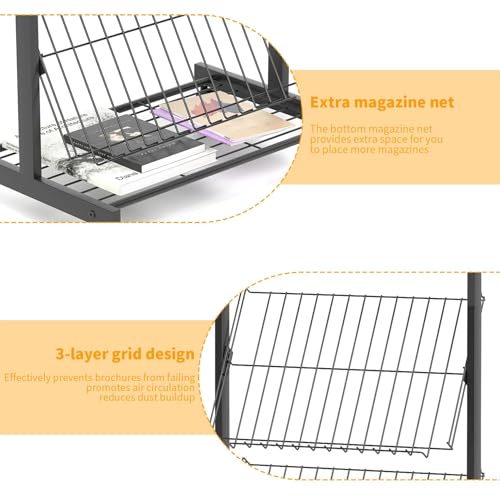 lesolar 4-Tier Floor-Standing Magazine Rack with Poster Board Stand | Metal Magazine Rack with Wheels, Newspaper Holder, Brochure Display Stand, Poster Sign Holder for Exhibitions Store Business