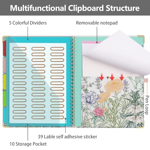 Clipboard Folio with Storage 8.5 X 11 Padfolio Notebook, Clipboards with Notepad Spiral with 10 Pockets and 5 Folders Nursing Teacher School Essentials (Wild Flowers) - color: Wild Flowers