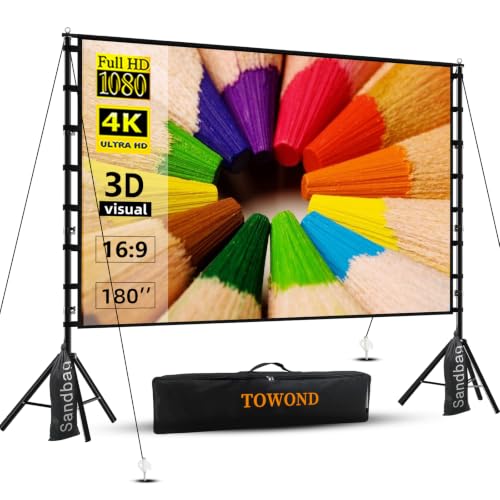 TOWOND Projector Screen and Stand, 180 inch Outdoor Projector Screen 15 FT Large Projection Screen, Portable 16:9 4K HD Rear Front Movie Screen with Carry Bag Wrinkle-Free Design for Backyard Theater