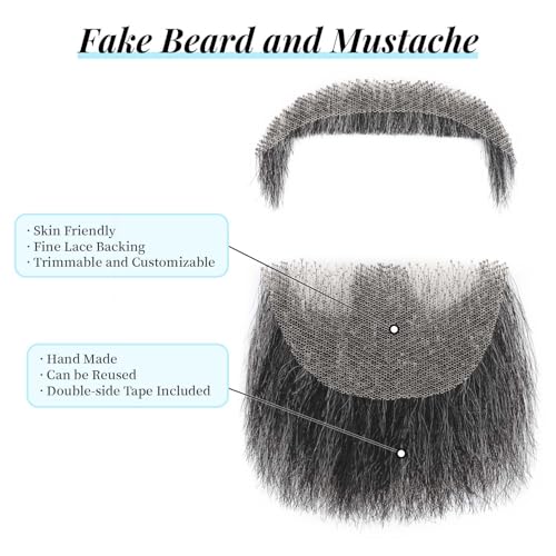 Parceria Fake Mustache Realistic Beard, Human Hair Full Hand Tied Lace Invisible Facial Hair, Natural Looking Fake Beard Goatee for Men's Cosplay, Halloween Costumes (LT White Mix Grey Beard) - color: LT White Mix Grey Beard