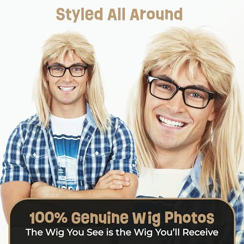 ALLAURA Compatible with Garth Wig – Blonde Mullet Wig + Black Glasses for Men – 80s 90s Rocker, Punk, Heavy Metal Costume – Funny Halloween Couples Outfit, Party Cosplay, Garth & Wayne Duo Look - color: 10-Blonde