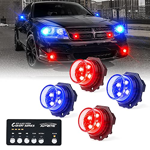 Xprite Multi Color LED Hideaway Strobe Lights Kit, 20 Flash Modes w/Control Panel Headlights Taillights Fog Light Interior Mounting for Construction Towing Snow Plow Pickup Work Trucks Cars 4 PCS - color: Multi Color, size: 4 pcs