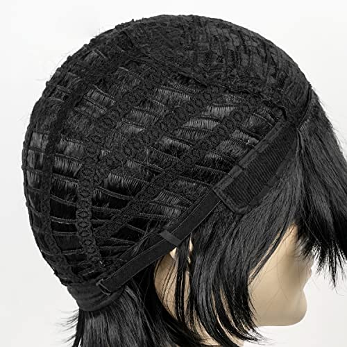 LABEAUTÉ Short Black Anime Cosplay Wig Male Men Anime Layered Unisex Heat Resistant Hair Wig with Bangs for Party and Halloween for Gift + Free Cap - color: Black
