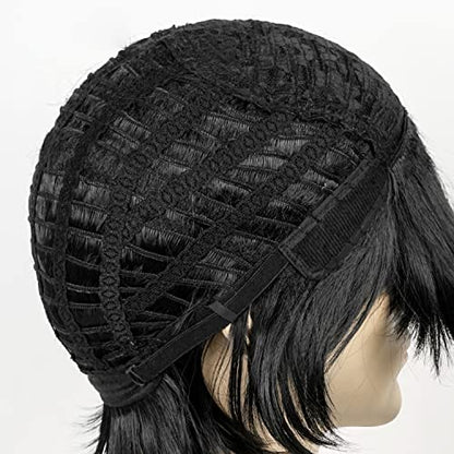 LABEAUTÉ Short Black Anime Cosplay Wig Male Men Anime Layered Unisex Heat Resistant Hair Wig with Bangs for Party and Halloween for Gift + Free Cap - color: Black