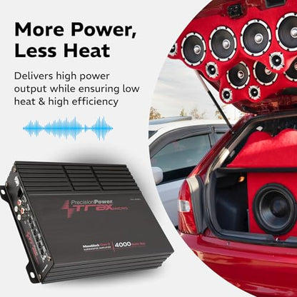 Precision Power Trax Micro Monoblock Class D Car Stereo Amplifier TM1.4000D – 4000W Single Channel Digital Subwoofer Amp with Wired Bass Control & High-Level Inputs for Powerful Audio - size: TM1.4000D