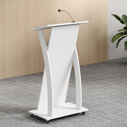 Mobile Wooden Podium Stand with Wheels Lectern White 16MM Wood Board Elegant Design Wooden Churche Pulpit - color: White